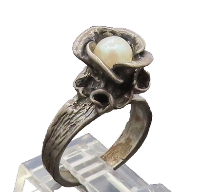 EUROPE 925 Silver  Vintage 3D Rose Flower & Pearl Inside Ring Sz 7.5  RG27143