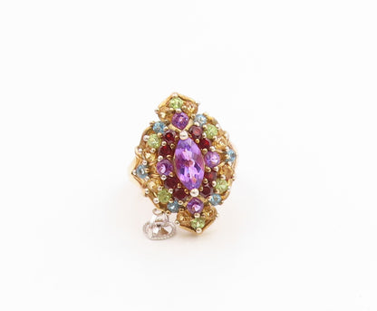 925 Sterling Silver Vintage Ring Gold Plated Multi Gemstone Cluster Sz 7 RG35915