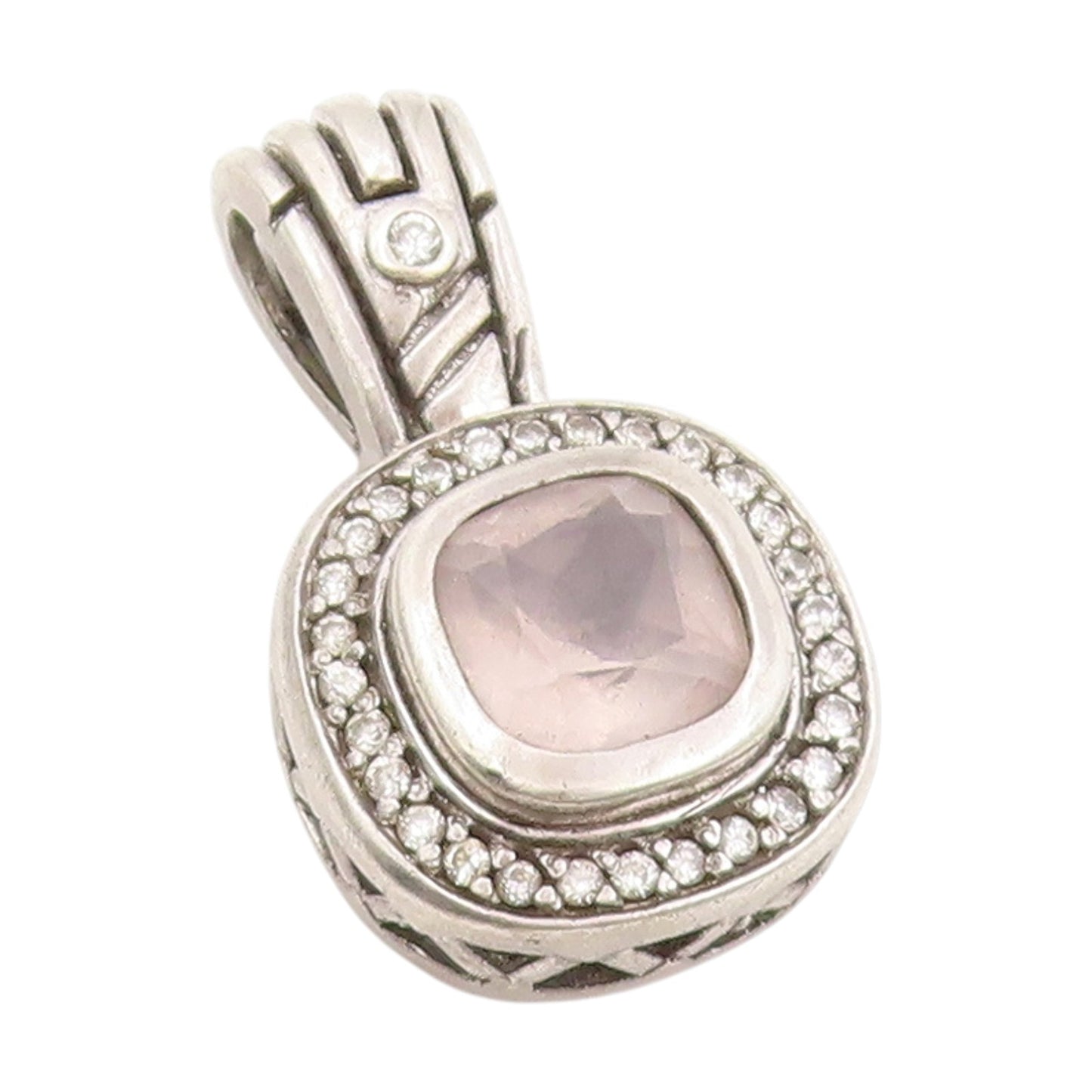 925 Sterling Silver Vintage Pendant Cushion Cut Topaz & Halo CZ Charm  PT25317