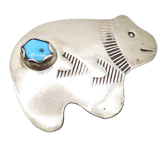 NAVAJO 925 Silver  Vintage Turquoise Shiny Etched Bear Brooch Pin  BP8021