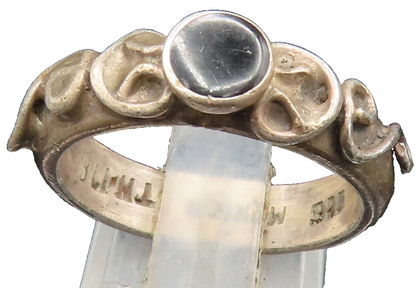 MEXICO 925 Silver  Vintage Inlaid Round Black Onyx Swirl Ring Sz 7.5  RG24609