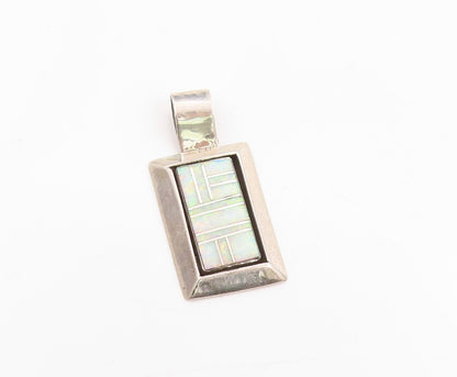 925 Sterling Silver Vintage Pendant NAVAJO Fire Opal Geometric Inlay  PT25357