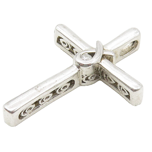 925 Sterling Silver  Shiny Genuine Diamond Religious Cross Pendant  PT14146