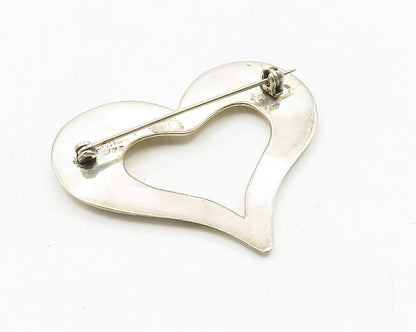 MEXICO 925 Sterling Silver  Vintage Shiny Open Love Heart Brooch Pin  BP3743