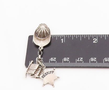 925 Sterling Silver Vintage Pendant Sheriff Badge Hat & US Flag Dangle   PT25178