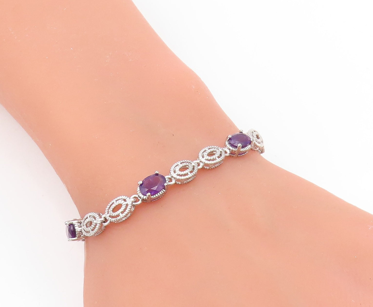 925 Sterling Silver Vintage Bracelet Oval Cut Amethyst Elegant Chain  BT11932