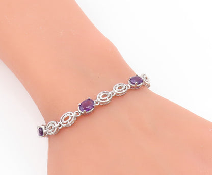 925 Sterling Silver Vintage Bracelet Oval Cut Amethyst Elegant Chain  BT11932