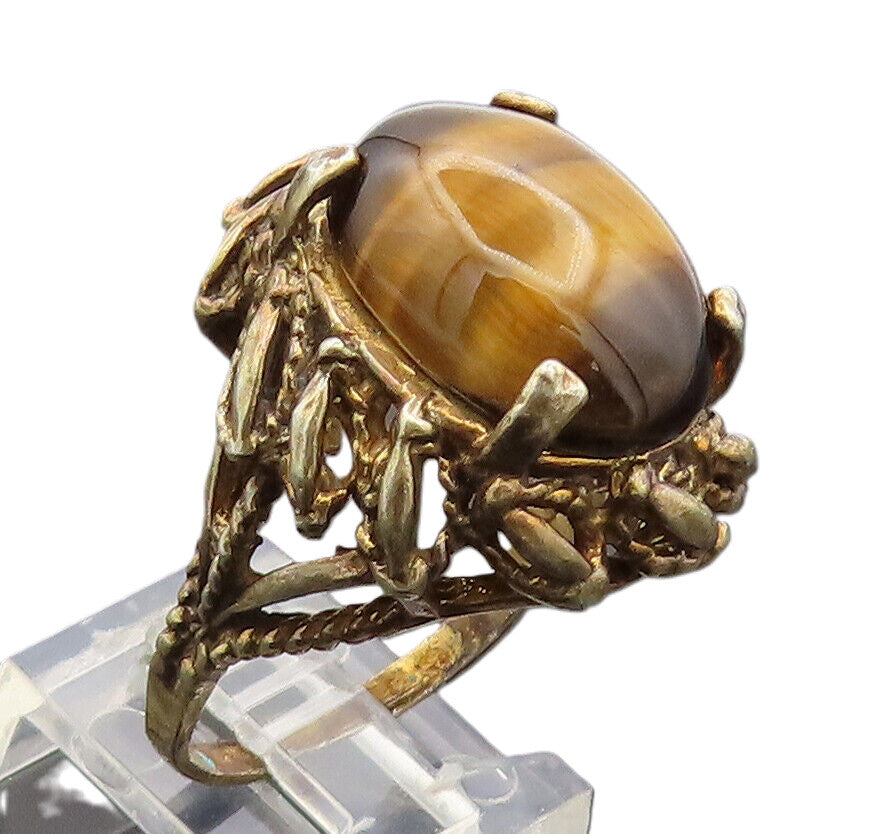 925 Silver  Vintage Gold Plated Swirly Carved Tiger's Eye Ring Sz 9.5  RG27108