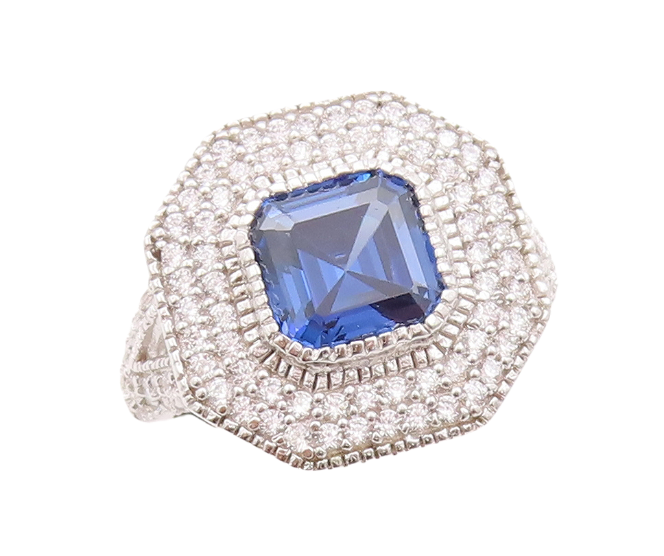 925 Sterling Silver Vintage Ring Designer Square Sapphire CZ Inlay Sz 7 RG29795