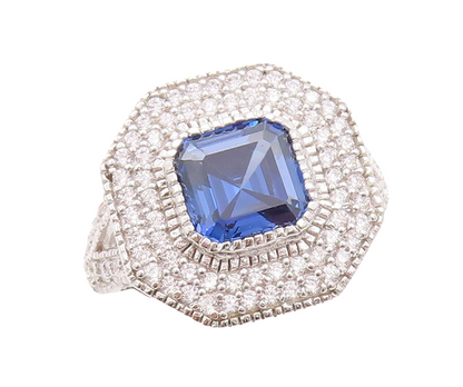 925 Sterling Silver Vintage Ring Designer Square Sapphire CZ Inlay Sz 7 RG29795