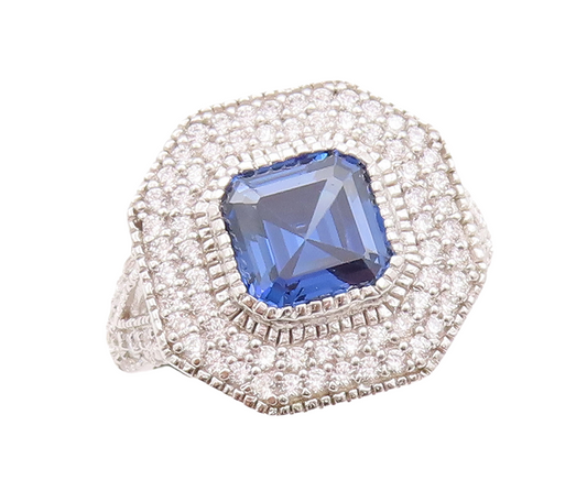 925 Sterling Silver Vintage Ring Designer Square Sapphire CZ Inlay Sz 7 RG29795
