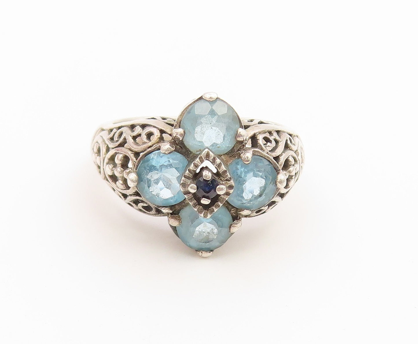 925 Sterling Silver Vintage Ring Sapphire & Aquamarine Floral Band Sz 7 RG36789