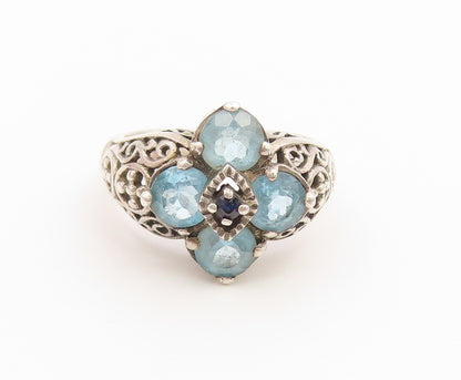925 Sterling Silver Vintage Ring Sapphire & Aquamarine Floral Band Sz 7 RG36789