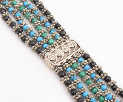 925 Sterling Silver Vintage Bracelet Multi Gemstone Beads Bohemian Chain BT11708