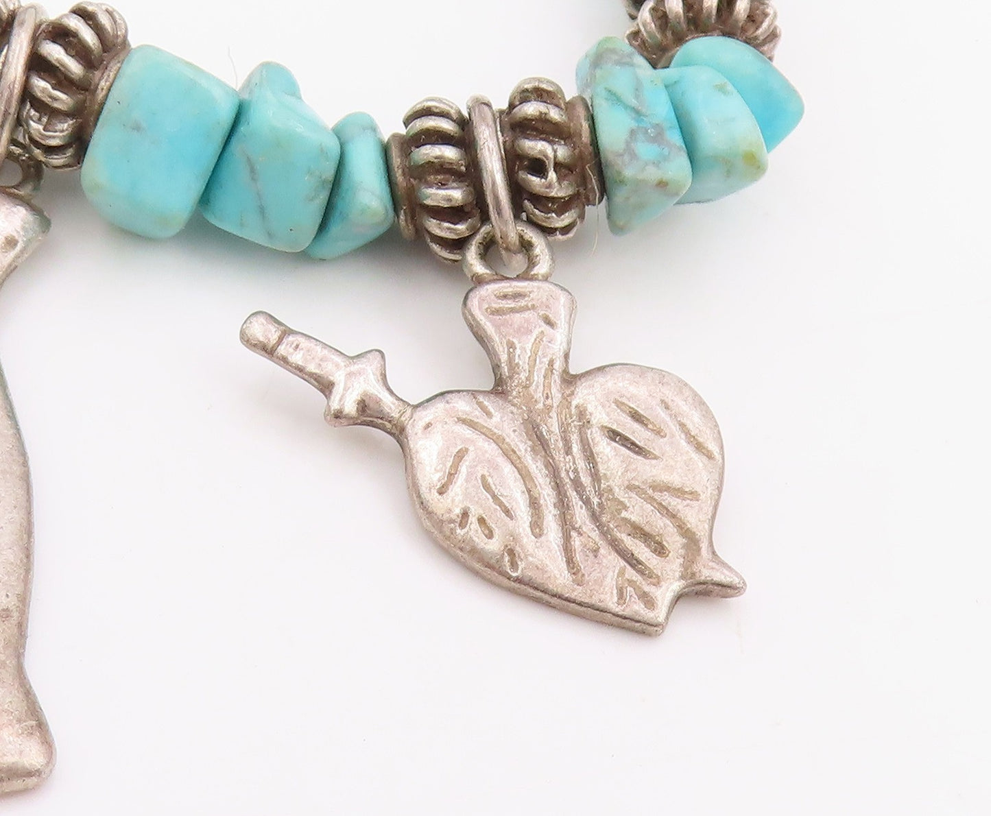 925 Sterling Silver Vintage Bracelet Beaded Turquoise With Etched Charms BT11857