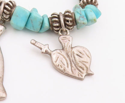 925 Sterling Silver Vintage Bracelet Beaded Turquoise With Etched Charms BT11857