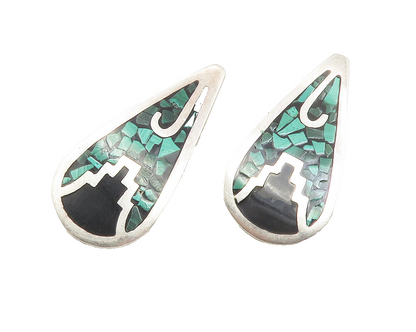MEXICO 925 Sterling Silver  Vintage Malachite Mosaic Dangle Earrings  EG6370