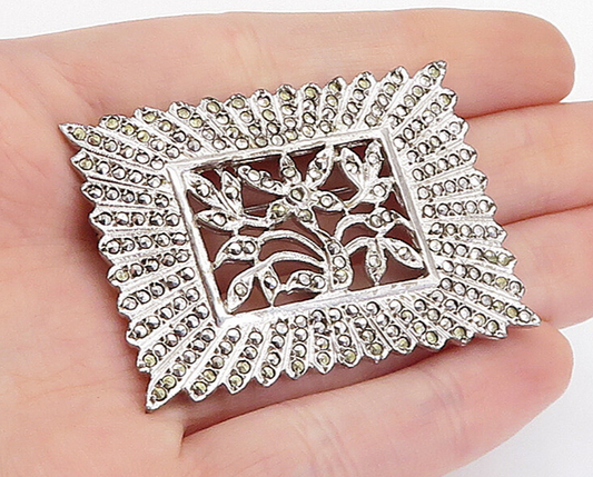 925 Sterling Silver  Vintage Sparkling Bordered Floral Brooch Pin  BP1421