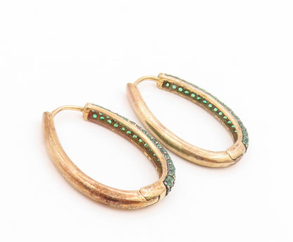 925 Sterling Silver Vintage Earrings Gold Plated Green CZ Modernist Hoop EG14044
