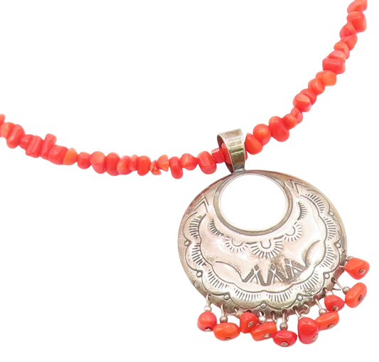 925 Sterling Silver Vintage Necklace SOUTHWESTERN Coral Beaded Choker  NE4921
