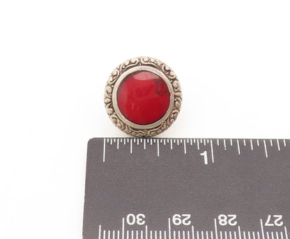 MEXICO 925 Silver  Vintage Red Enameled Swirly Carved Round Earrings  EG12731