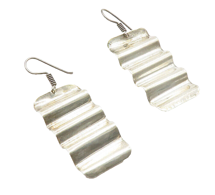 MEXICO 925 Sterling Silver  Vintage Shiny Smooth Wavy Dangle Earrings  EG6644