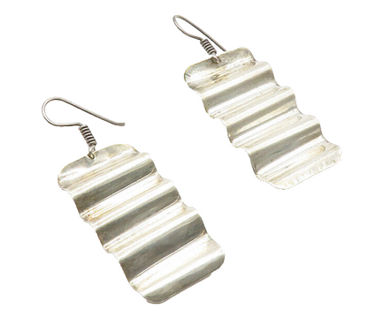 MEXICO 925 Sterling Silver  Vintage Shiny Smooth Wavy Dangle Earrings  EG6644
