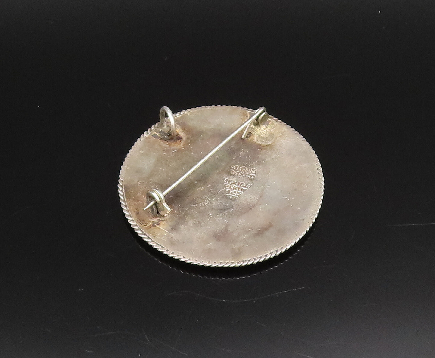 MEXICO 925 Silver  Vintage Rope Border & Circles Abalone Brooch Pin  BP10037