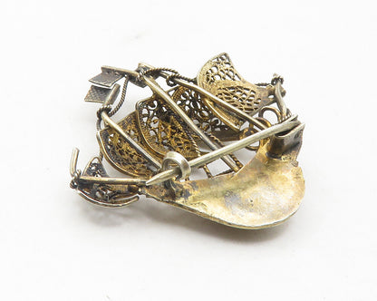925 Sterling Silver  Vintage Filigree Sail Boat Ship Motif Brooch Pin  BP4368