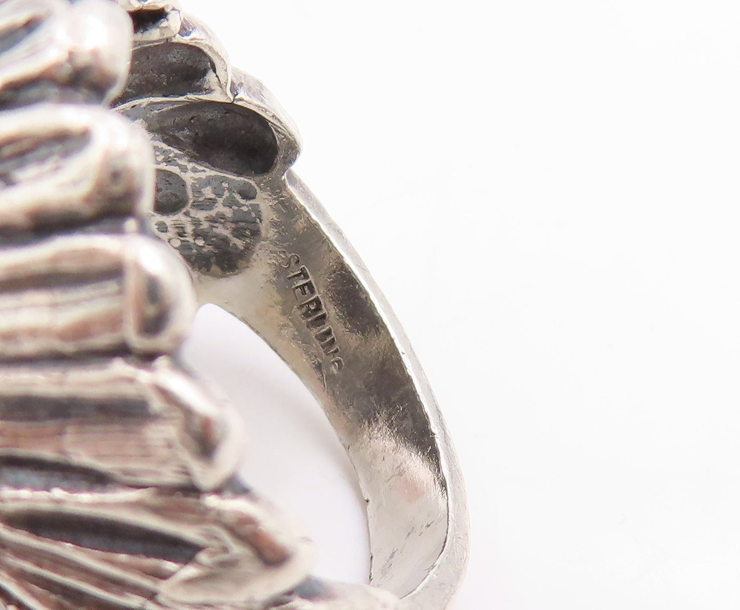 925 Sterling Silver Vintage Ring Carved Tribal Chief Headdress  Sz 8  RG34949