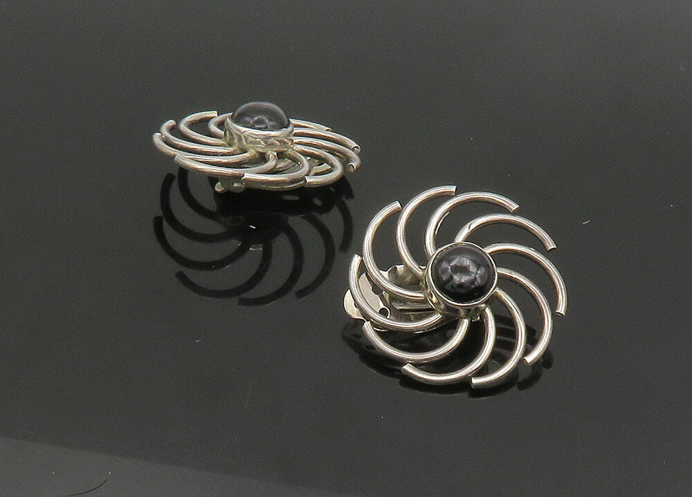 925 Silver  Vintage Black Onyx Flower Motif Shiny Non Pierce Earrings  EG11403