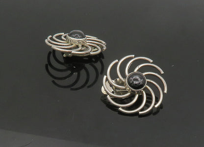925 Silver  Vintage Black Onyx Flower Motif Shiny Non Pierce Earrings  EG11403