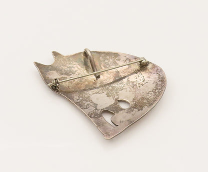 DESIGNER 925 Silver  Vintage Tri Tone Triangle Pattern Cat Brooch Pin  BP10277