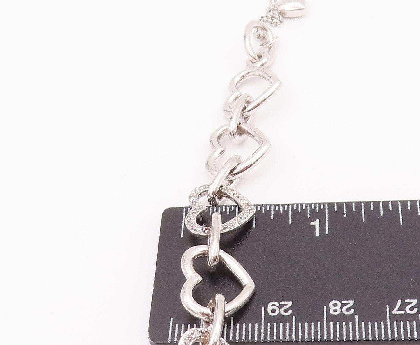 925 Sterling Silver Vintage Bracelet Cutout Real Diamonds Linked Hearts  BT10379