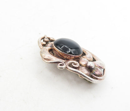 BOMA 925 Silver  Vintage Cabochon Cut Black Onyx Floral Brooch Pin  BP3059