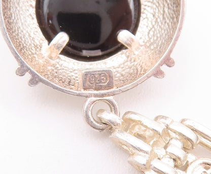 925 Sterling Silver Vintage Earrings Domed Cabochon Onyx & Topaz Dangle  EG12918