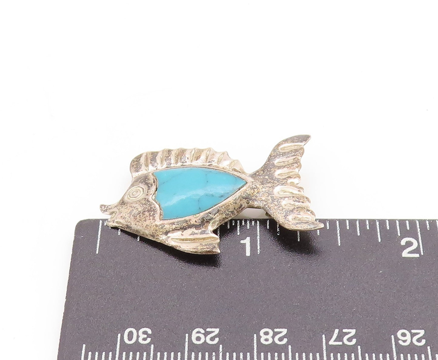 925 Sterling Silver Vintage Brooch MEXICO Turquoise Inlay Etched Fish  BP11852