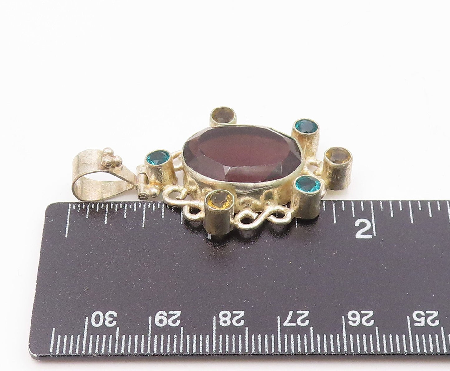 925 Silver  Vintage Open Swirl Wine Spinel & Multi Stone Pendant  PT21176