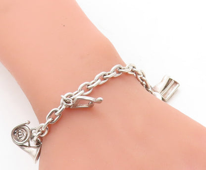 925 Sterling Silver  Vintage Musical Instrument Charmed Chain Bracelet  BT1973