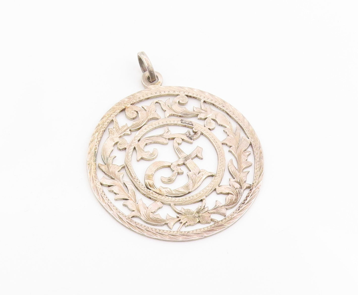 925 Sterling Silver Vintage Pendant Etched Openwork Floral Medallion  PT25665