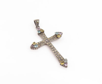 925 Sterling Silver Vintage Pendant Classic Multi Gemstone Holy Cross  PT26199