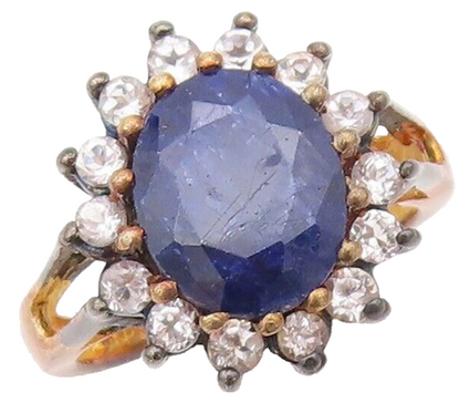 925 Sterling Silver Vintage Ring Gold Plated Blue Gemstone & CZ  Sz 8  RG30427