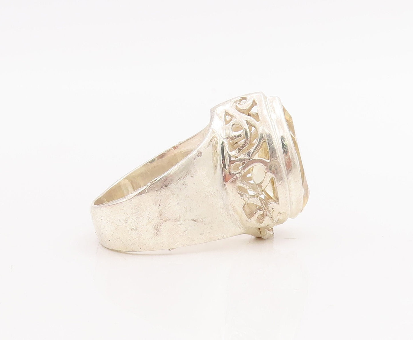 925 Sterling Silver Vintage Ring Swirly Cutout Large Drop Cut Topaz Sz 6 RG28687