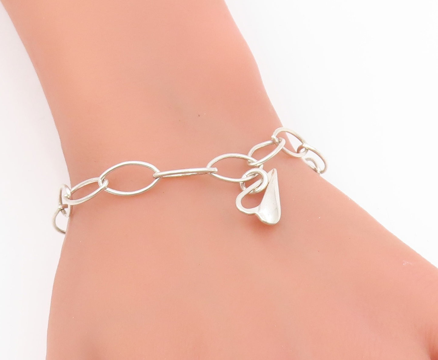 925 Sterling Silver Vintage Bracelet Hollow Oval Link Love Heart Charms  BT11667