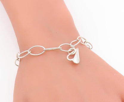 925 Sterling Silver Vintage Bracelet Hollow Oval Link Love Heart Charms  BT11667