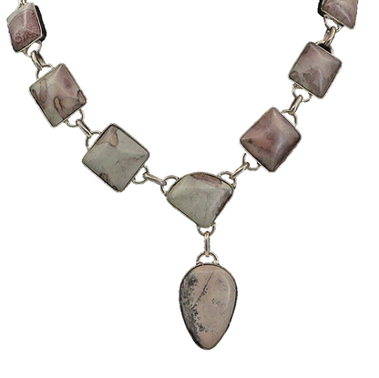 925 Sterling Silver  Vintage Spotted Jasper Multi Shape Chain Necklace  NE1706