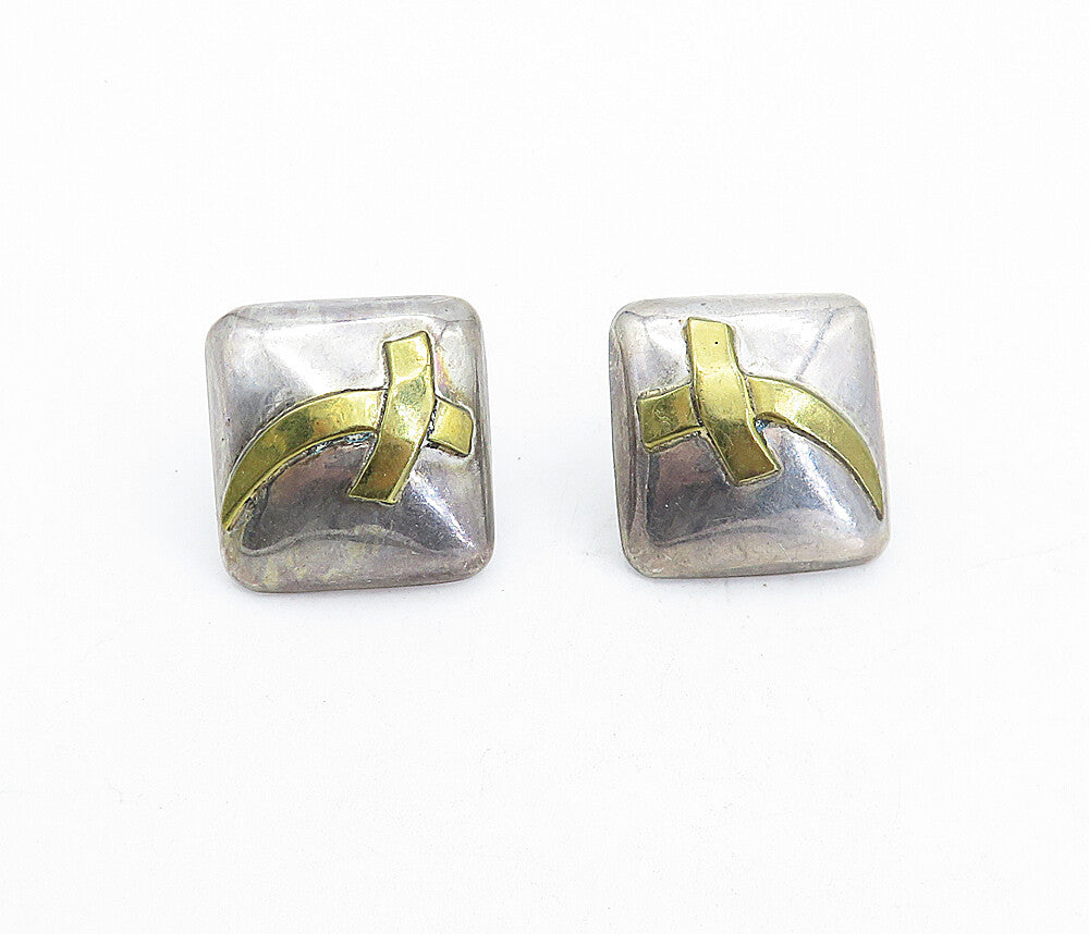 MEXICO 925 Sterling Silver  Vintage Two Tone Square Dome Drop Earrings  EG2170