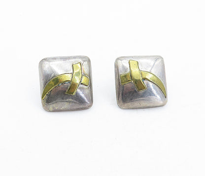 MEXICO 925 Sterling Silver  Vintage Two Tone Square Dome Drop Earrings  EG2170