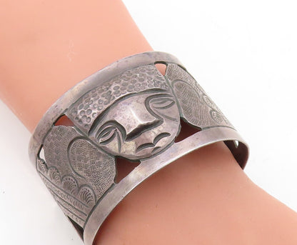 925 Sterling Silver Vintage Antique Oxidized Carved Face Cuff Bracelet BT2059