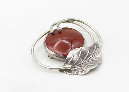 925 Sterling Silver  Vintage Cabochon Cut Carnelian Floral Brooch Pin  BP8398